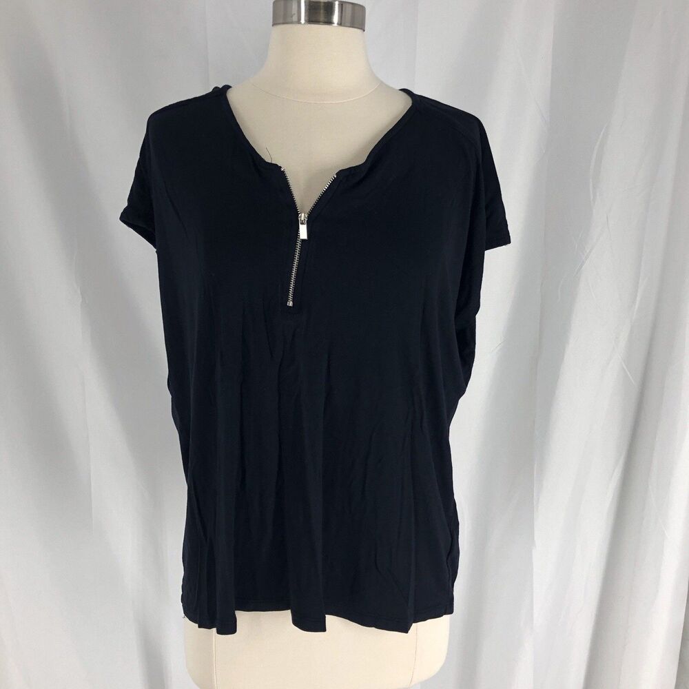 Tahari Blouse 1/4 Zip Half Sleeves Black Large